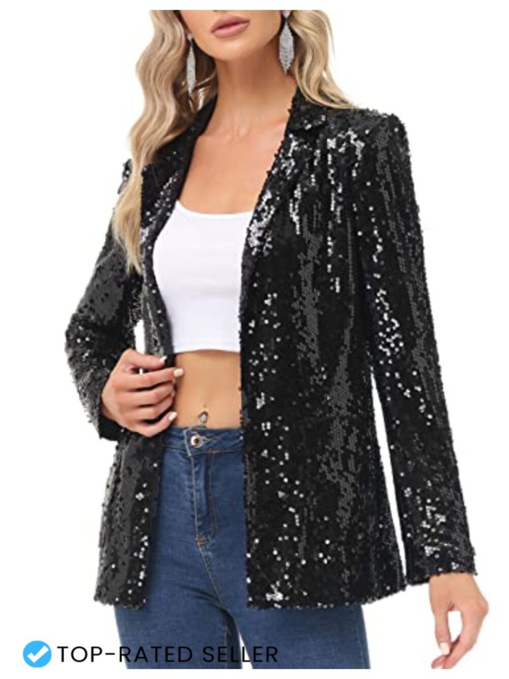 Sequin Blazer Jacket Open Front Long Sleeve Sparkly Cardigan Coat with Pockets